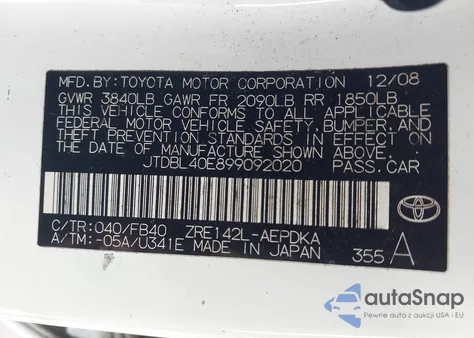 2009 Toyota Corolla Le из США, поврежденный, VIN JTDBL40E899092020